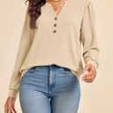Cicy Bell Womens Puff Long Sleeve Henley Shirts Trendy Casual V Neck Button Up Tunic Tops Loose Fit Basic Tees (L)