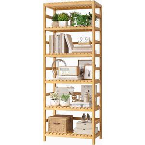 FOTOSOK 6-Tier Bamboo Shelf, Bamboo Bookcase with Adjustable Shelves, Free Standing Storage Shelf Unit, Plant Flower Stand for Kitchen, Bathroom, Home Office, Natural