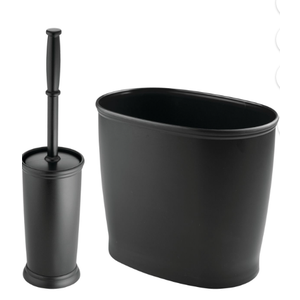 mDesign Modern Compact Freestanding Plastic Toilet Bowl Brush and Oval Wastebasket Garbage Can Combo for Bathroom Storage - Sturdy, Deep Cleaning - Hyde Collection - Set of 2 - Black