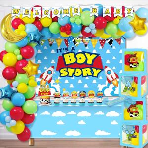 Cartoon Toy Baby Shower Decorations, Its A Boy Toy Themed Story Decorations for Boy Backdrop Balloon Garland Banner Box Cutout Tablecloth Cake Cupcake Topper, Blue
