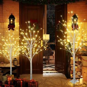 LINKROMAT Lighted Birch Trees, 4FT 5FT 6FT(48 56 96LED) Pre-lit Birch Tree with Warm White, Artificial Birch Tree Outdoor/Indoor Christmas Easter Tree for Wedding Party Christmas Decoration -3PC