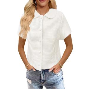 Saodimallsu Womens Short Sleeve Cropped Cardigans Casual Summer Button Down Collared Lightweight Loose Knit Sweater Top (White)