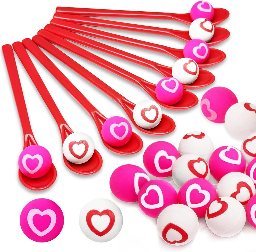 30 Pack Valentine Spoon Relay Race Toy Set, Balance Relay Games for Kids, Heart Ball and Spoon Race Game for Boys, Girls, Adults, Indoor Outdoor Decorations, Party Supplies