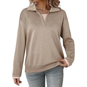 Dokotoo Sweatshirt for Women Long Sleeve V Neck Color Block Oversized Casual Pullover Sweatshirts Tops (Beige, L)