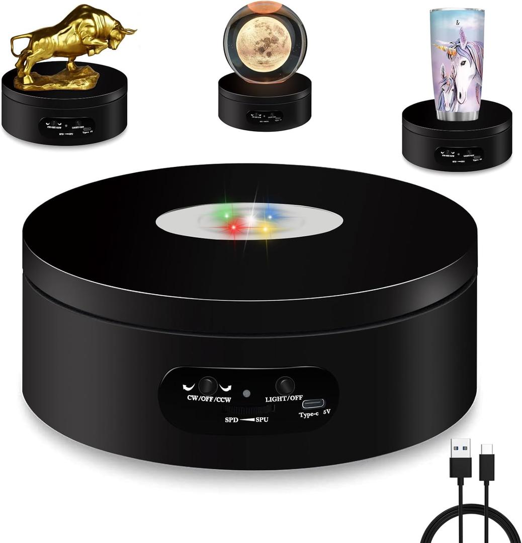 YVV LED Rotating Display Stand, Lighted Base-Crystal Glass Art, 360 Degree Automatic Mute Rotating Turntable, Motorized Display Stand with Colorful Lights, Tumbler Supplies Spinner 4.72in