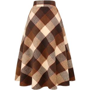 Long Plaid Wool Skirt for Womens Winter Fall Warm High Elastic Waist A line Flared Pleated Wool Tartan Skirts (Big Plaid Coffee) XX