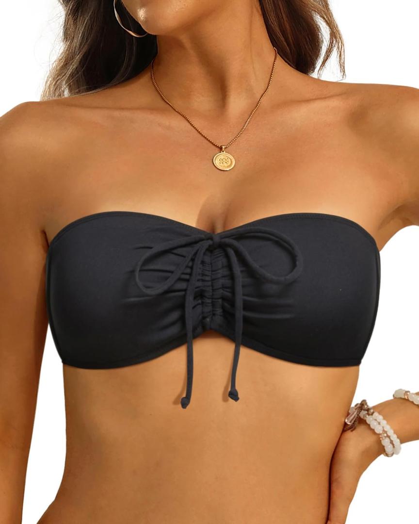 Tempt Me Women Bandeau Bikini Top Strapless Swim Tops Tube Halter Swimsuit Top Only (Small, Black)