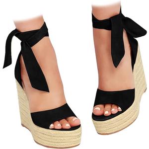 Womens Espadrilles Wedges Sandals Heels Open Toe Tie Lace Up Platform Ankle Strap Summer Dress Shoes (8, Black)