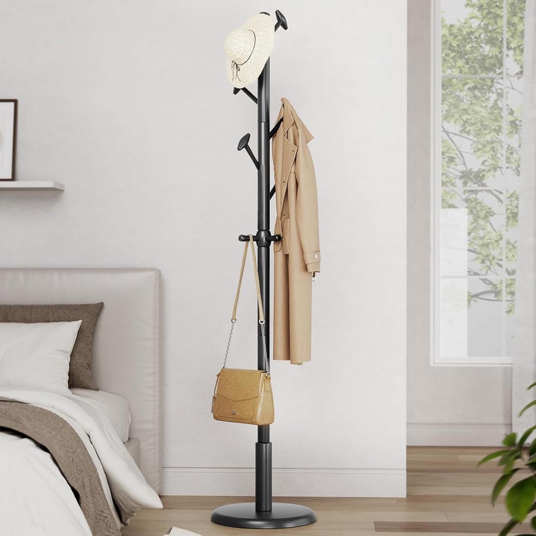 Taitiy Solid Wood Coat Rack Freestanding Coat Tree with 10 Hooks for Bedroom, Livingroom, Entryway, Sturdy Coat Hanger Stand for Hats, Coats, Scarves, Handbags, Purses (Black)