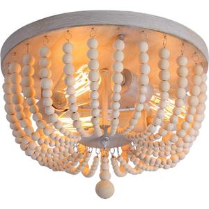 Q&S Wood Beaded Chandelier,Boho Farmhouse Light Fixture,Oak White,3 Lights,Semi Flush Mount Ceiling Light Fixtures for Hallway Baby's Nursery Bedroom Kitchen Living Room