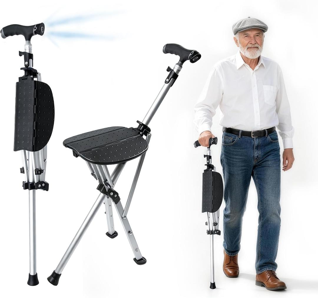 Cane with Seat Folding Lightweight Walking Cane Stick with Seat for Seniors | Chair Cane with Adjustable 45° LED Light, Anti-Slip Base, Aluminum, Easy Carry