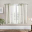 SHINELAND Short Sheer Linen Curtains for Kitchen Bathroom Window, Tan Vintage Country Cottage Core Style, 48 Inch Length