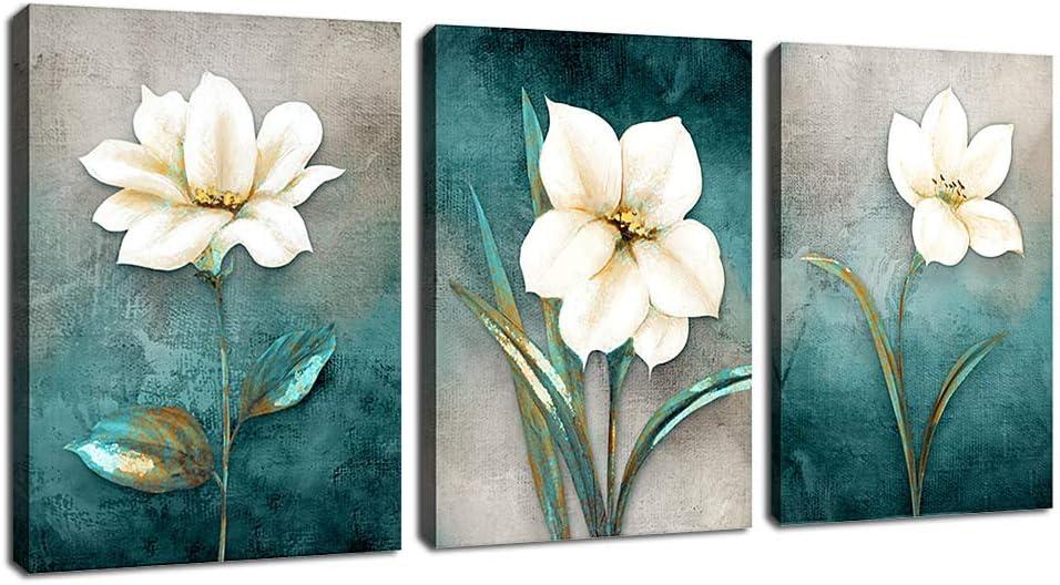 Cream White Floral Canvas Wall Art Grey Pictures, 16"x24"x3 Pieces