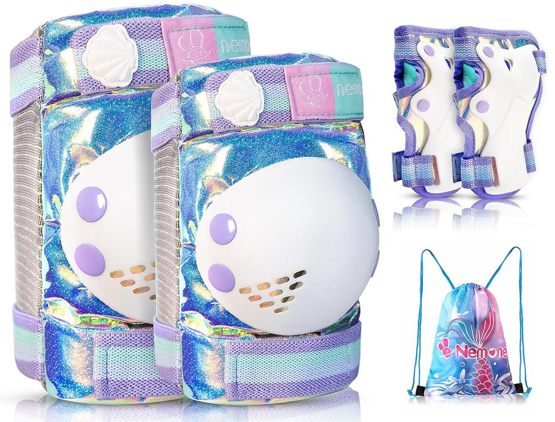 NEMONE Mermaid Knee Pads for Kids, Girls Boys Knee Elbow Pads Wrist Guards with Drawstring Bag, Adjustable Reflective Protective Gear Set for Roller Skates Bike Cycling Skateboard Scooter M