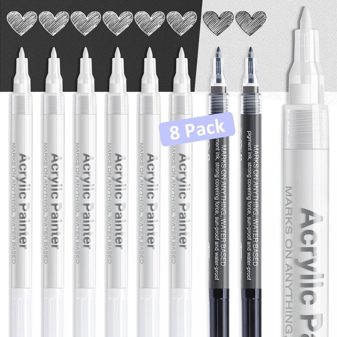 AKARUED Acrylic White Paint Pen Fine Tip: 8 Pack 0.7mm Black White Paint Marker Pens for Wood, Water-Based Markers for Black Paper Metal Stone Plastic Writing, Opaque Ink (6 White +2 Black)