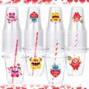 Eaasty 20 Sets Valentine's Day Plastic Cups with Lid and Straws, 12 oz Clear Disposable Valentines Monster Cups Party Supplies with Stickers for Iced Coffee Juice Beverage Drinking