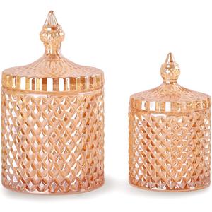 R FLORY 2 Pack Qtip Holder Glass Apothecary Jars with Lids Bathroom Storage Organizer for Cotton Swabs, Balls, Pads, Floss Picks, Vanity Storage Containers for Makeup, Candy, Jewelry (10+24oz, Amber)