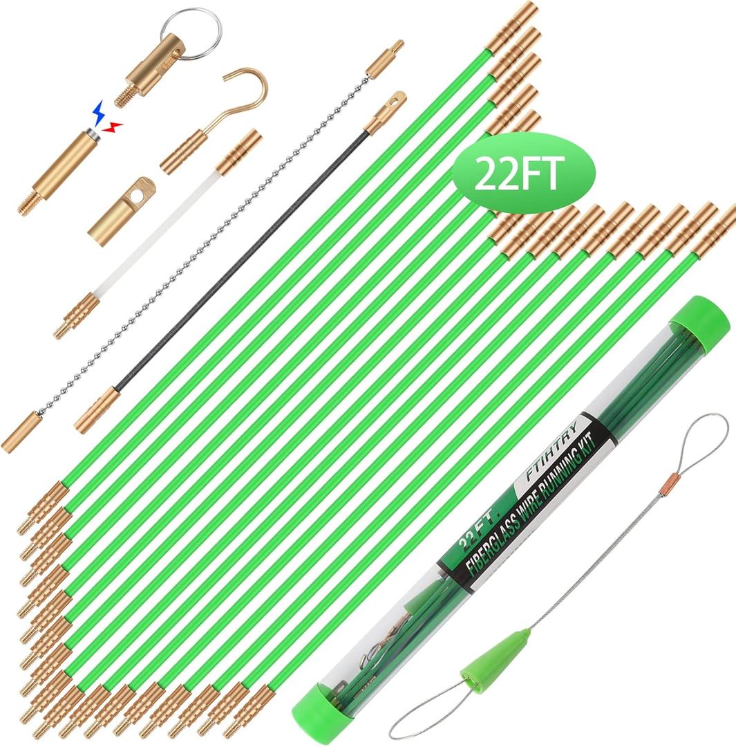 22FT Fiberglass Running Electrical Wire Cable Glow Rods Wire Pulling, Fish Rods Electrical Kit with 8 Different Attachments and Fish Tape Wire Puller Kit