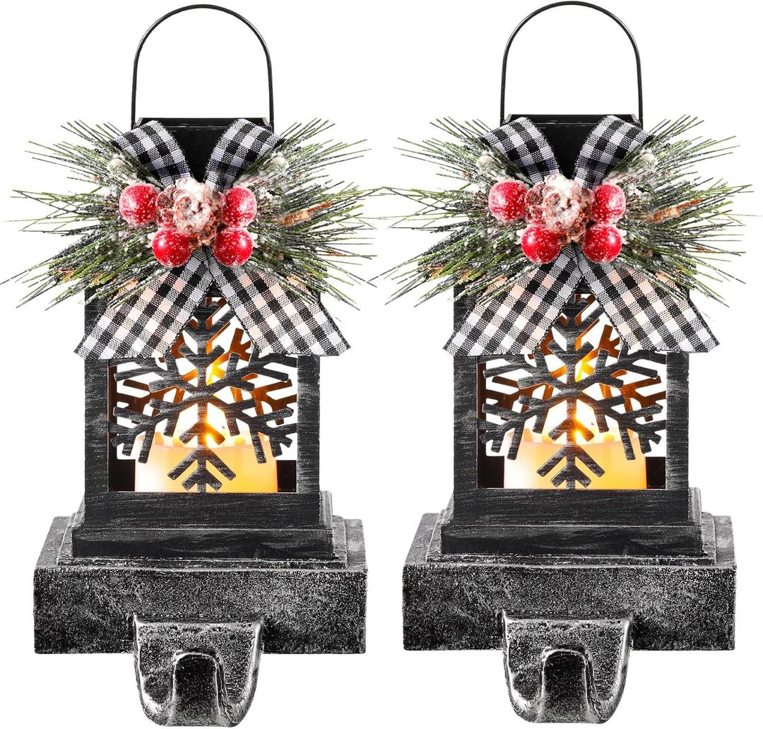 Therwen 2 Pcs Christmas Stocking Holders Lantern Christmas Stocking Hangers for Mantel Xmas Hooks Decorative Retro Light up Holders for Home Indoor Outdoor Decor(Snowflakes,Black)