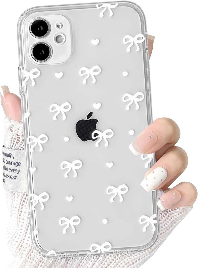 NITITOP Compatible with iPhone 11 Case Clear Cute Bow Knot Design for Women Girls Stylish Bowknot Durable Soft TPU Slim Protection Phone Cover - White Heart