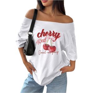 SOLY HUX Women's Graphic Tees Off The Shoulder Short Sleeve Oversized T Shirt Vintage Summer Tops Small