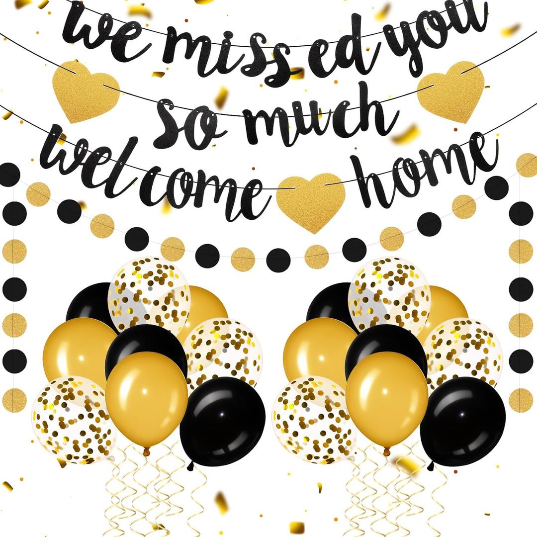 Fanfanwin Black Gold Welcome Home Decorations We Missed You So Much Banner Glitter Garland and Balloons Party Supplies for Military Army Returning, Patriotic Homecoming Party Decorations