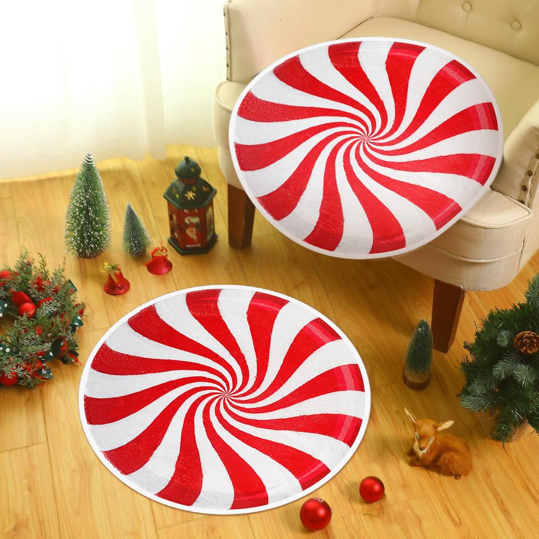Tinideya 2 Pcs Christmas Candy Bathroom Rugs - 23.62 Inch Non Slip Absorbent Bath Mat, Round & Soft Imitation Cashmere for Winter Tub Shower Decor