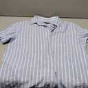 Damipow Mens Linen Shirts Short Sleeve Cotton Striped Button Down Shirt (Blue, L)