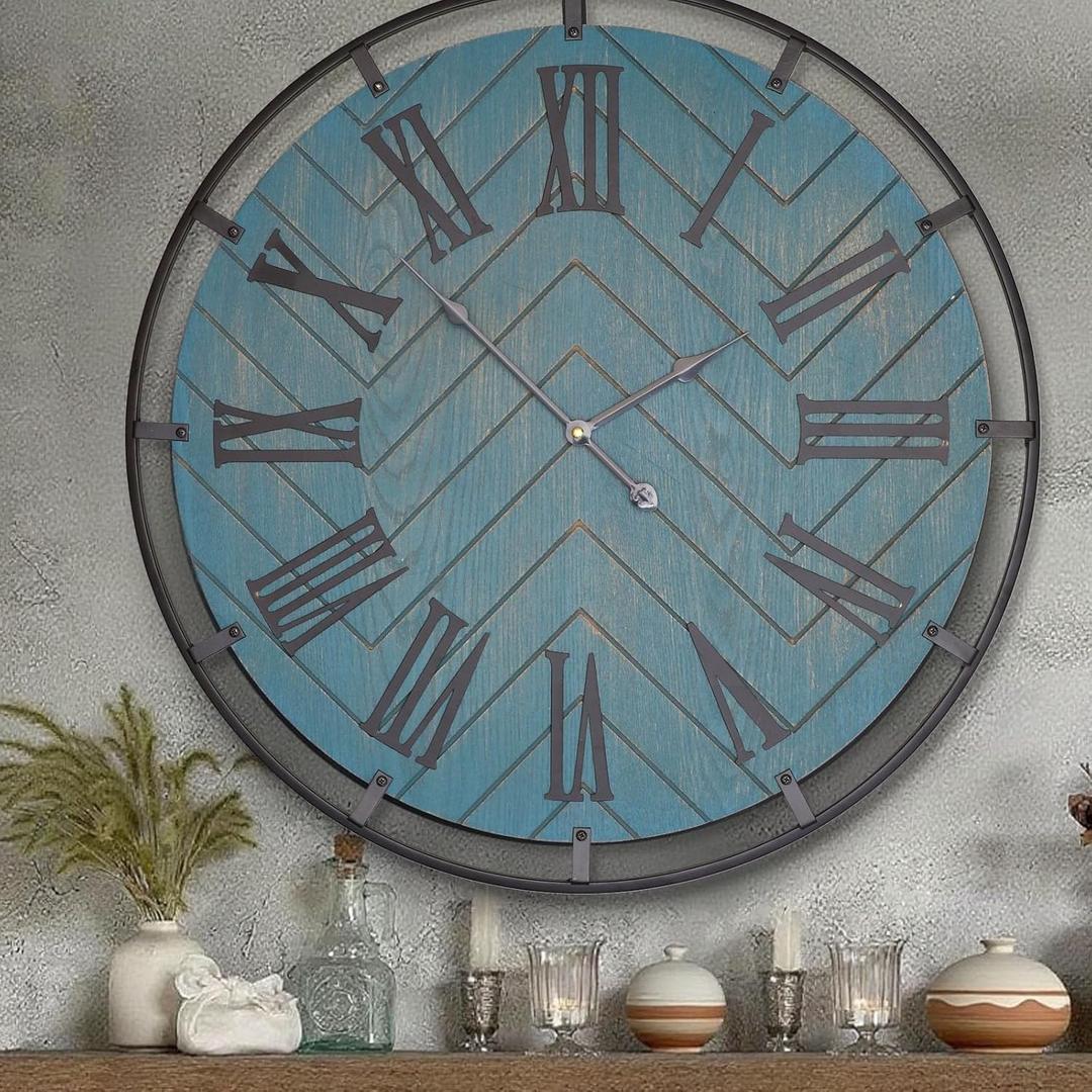 Large Wall Clock 24" Wood Wall Clock Rustic Silent Wall Clocks Roman Numerals for Living Room Dining Room Bedroom Kitchen Clock Wall Decor (Round - Blue)