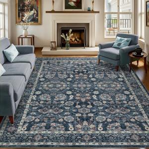 9x12 Vintage Washable Area Rug for Living Room,Low Pile Non Slip Carpet Non-Shedding Large Area Rug Soft Indoor Stain Resistant Rug Floral Print Mat for Bedroom Dining Room Blue