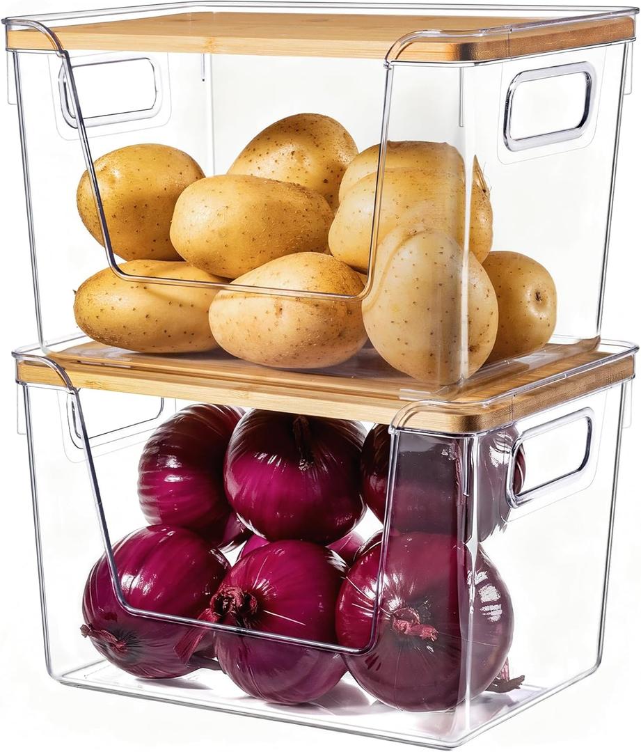 Criusia 2 Set Pantry Organizers and Storage with Bamboo Lids, Stackable Clear Bins for Onion, Potato, Fruit, Vegetables, Trash Bag Dispenser, Kitchen and Under Sink Organizer (2 Pack Large)