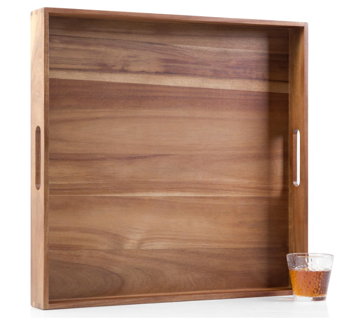 14 x14   Square Wood Tray, Generously Acacia Serving Trays for Large Ottoman Coffee Table, Giant Square Shape Sofa Tray with Handles, Kitchen Organizer Storage Trays Huge Counter Serveware