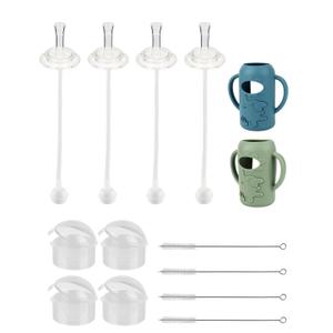 Straw Cup Conversion Kit with Silicone Sleeves for Dr. Brown's Narrow Glass Baby Bottle 4oz,Anti Breakage Baby Bottles Replacement Kit with Handle and Soft Straw Top,6m+,Set of 4