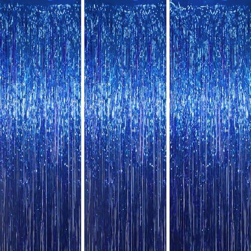 Voircoloria 3 Pack 3.3x8.2 Feet Blue Foil Fringe Backdrop Curtains, Tinsel Streamers Birthday Party Decorations, Fringe Backdrop for Graduation, Baby Shower, Gender Reveal, Disco Party