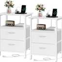 Vagusicc Nightstand Set 2 with Charging Station, End Table with Fabric Drawers, Bedside Table with Open Wood Shelf, 24.2" Tall Side Table with USB Ports & Outlets, Night Stand for Bedroom, White