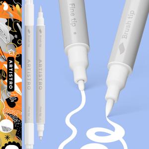ARTISTRO 2 White Dual-Tip Acrylic Paint Pens - Multisurface Markers for Glass, Rock, Fabric, Wood, Plastic & More - 1 mm Fine & Brush Tips