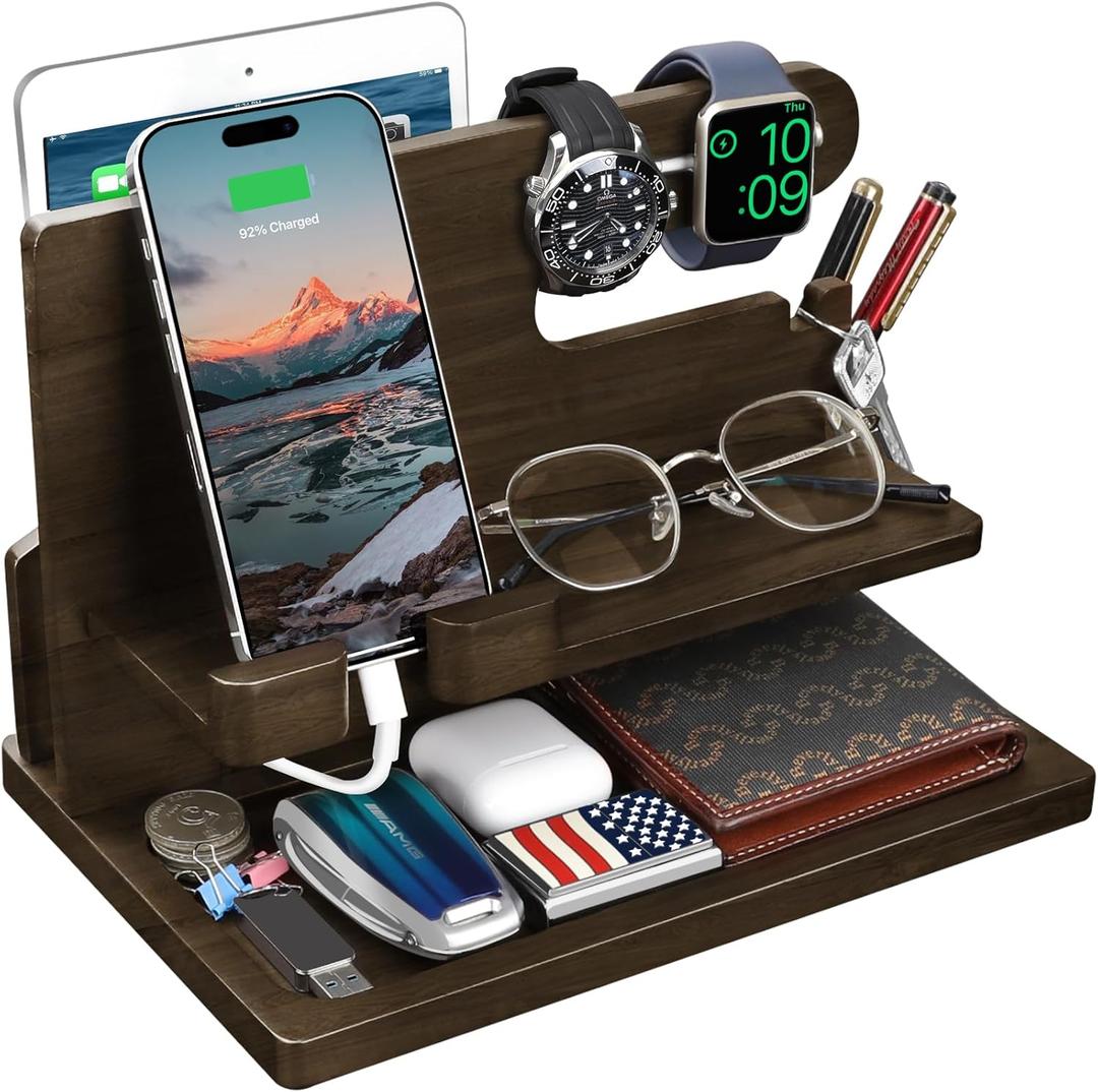 Gifts for Men Wood Phone Docking Station for Men Nightstand Organizer Gifts for Dad Charging Station Cell Phone Stand Desk Organizer Gifts for Husband Boyfriend Brother Son (Grey)