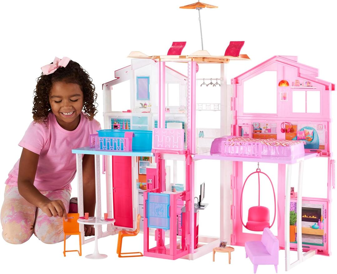 Barbie 3-Story Townhouse Dollhouse with Elevator, Swing Chair, Furniture and Accessories, Fold for Portability and Travel 