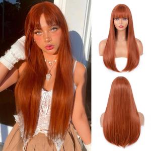 Ginger Wig with Bangs for Women  Long Straight Heat Resistant Synthetic Wig for Daily Use, Party, Halloween, Cosplay  24 Inch Ginger Wigs for Girls