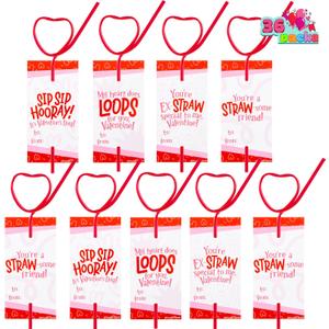 JOYIN 36 Pack Gift Cards with Crazy Straws, Heart Shaped Loop Reusable Drinking Straws and Greeting Cards, Party favors for Kids Toddlers School Classroom Exchange Prizes