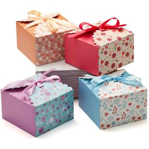 Small Floral Gift Boxes with Lids & Ribbons (20 Pack) 5.8 x 3.7 Empty Decorative Treat Boxes for Gift Giving, Baked Goods, Square Cookie Tins, Mithai Indian Sweets, Candy, Diwali, Bulk, Return, Cute (Standard)