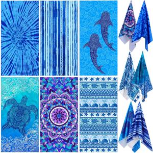 FuWeave 6 Pcs Oversized Beach Towel Set Large Sand Free Microfiber Bath Towel Thin Lightweight Absorbent Quick Dry Pool Towels for Adult Beach Hotel Bath Spa Picnic Yoga (Flower Ocean,32 x 63 Inch)