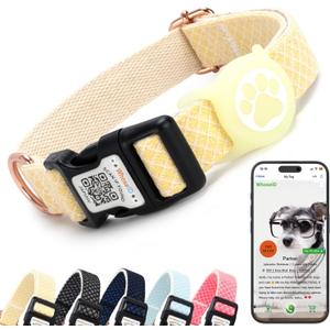 WhoseID Dog Collar with Waterproof AirTag Holder & Anti-Lost QR Code, Cute Bling Warpping Adjustable Width for Small Medium Large Pet (Yellow, L)
