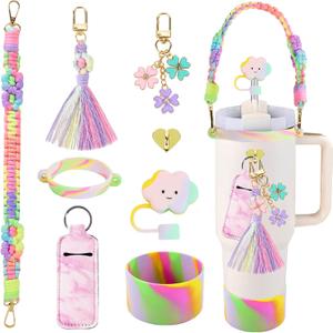 Stanley Cup Accessories 8pcs Set Including Water Bottle Handle Strap,Silicone Cup Boot, Straw Cover,Stanley Charms for 30oz/40oz Tumbler (Colorful)