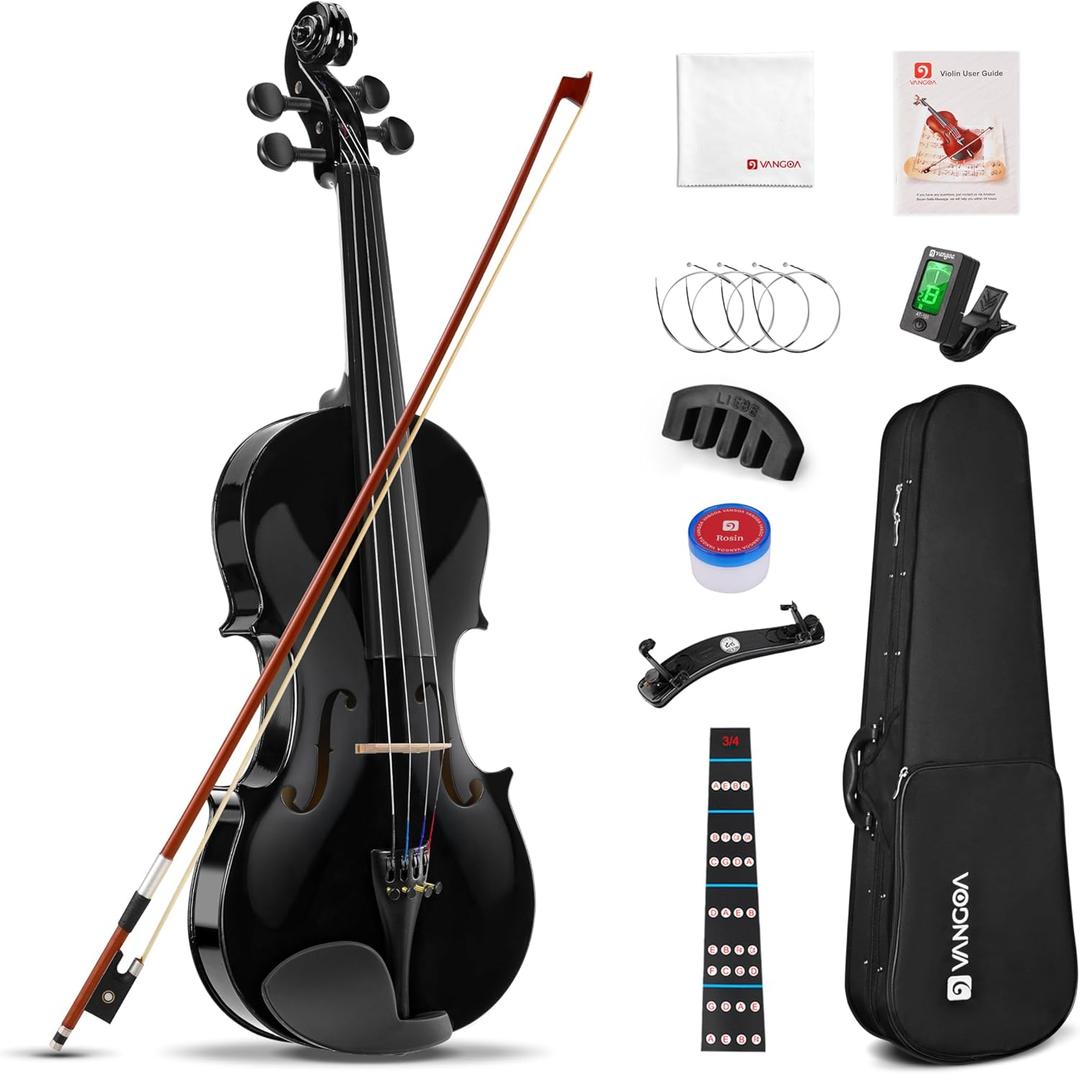 Vangoa 4/4 Full Size Beginner Violin Set, Acoustic Violin for Adults, Teens and Children over 11, Violin Beginner Set (with Hard Case, Rosin, Shoulder Rest, Bow, Spare Strings, Mutes and Black Set)