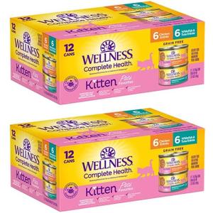 Wellness Complete Health Kitten Whitefish & Tuna and Chicken Variety Pack Pate Wet Cat Food, 3 oz can, (Pack of 24-2 of 12x3oz/case), BB, 25/SEP/2028