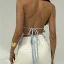 SOLY HUX Women's Striped Deep V Neck Bow Tie Backless Halter Blouse Tops Y2k Sleeveless Shirts (Blue, S)