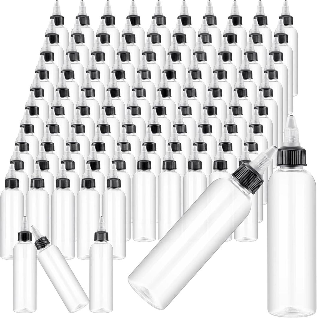 Irenare 100 Pcs 1 oz Squeeze Clear Sauce Bottles with Twist Cap Lids Empty Small Round Plastic Bottles for Oil, Liquids, Paint, Condiment Dispenser, Tattoo Ink, Hair Applicator, Crafts