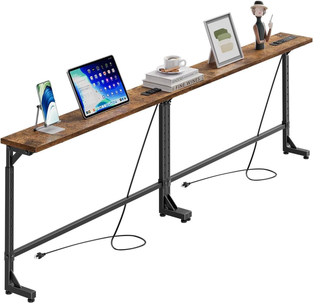 Simple Trending Sofa Table with outlets & USB-C Ports, 78.75 Inch Narrow Console Table, Adjustable Height, Behind Couch Table Set of 2, Long Entryway Tables for Living Room, Rustic Brown