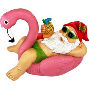 Mood Lab Garden Gnome on Flamingo - Funny Gnome Figurine - 8 Inch Depth Lawn Statue - for Outdoor or House Decor